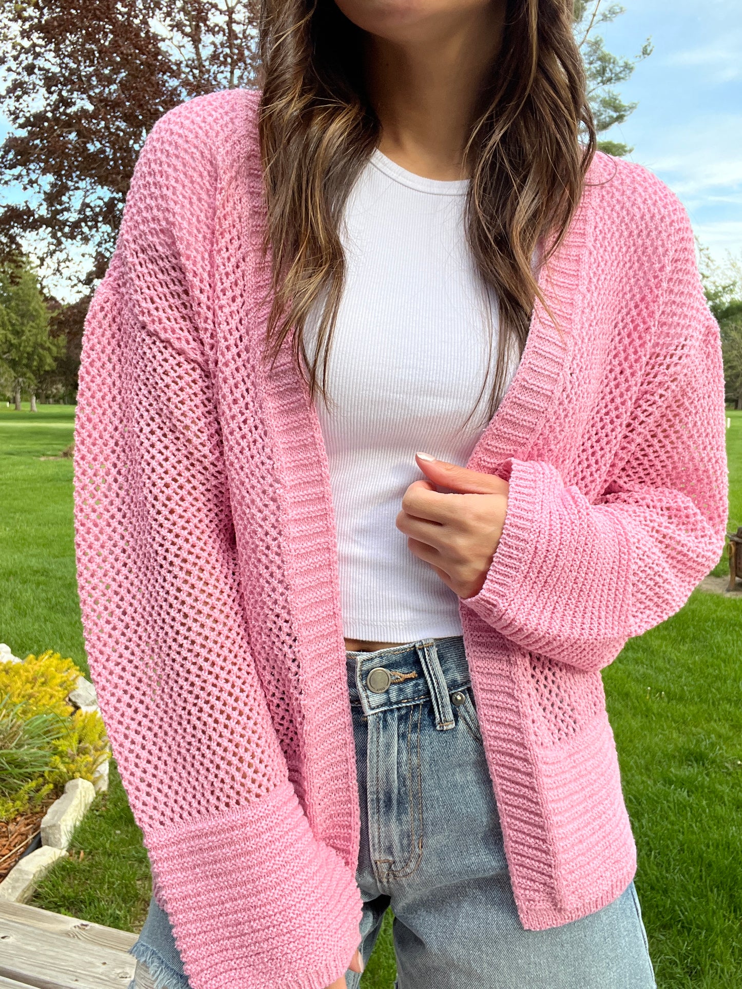 Pink Open Knit Cardigan